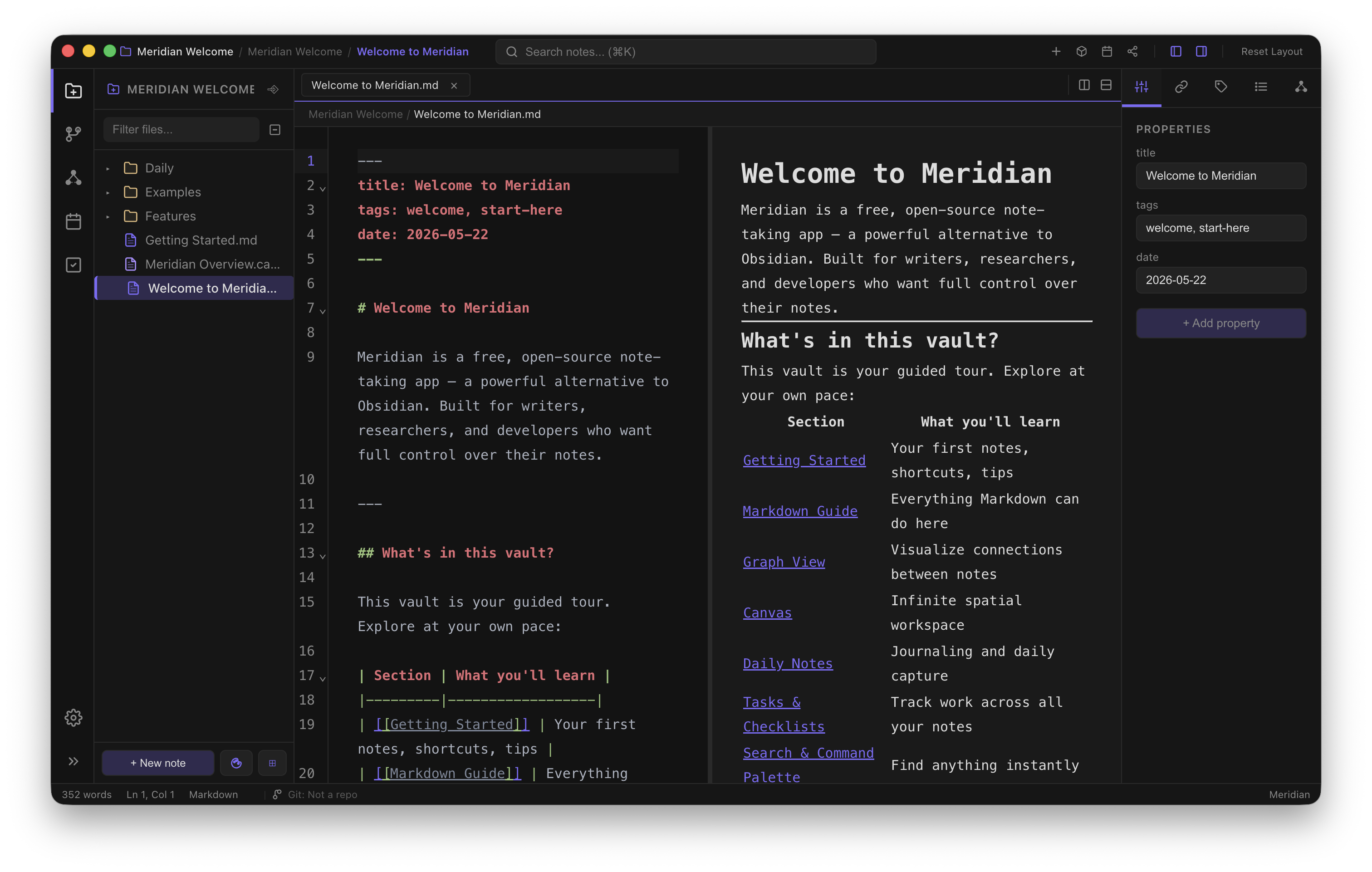 The Meridian editor with markdown content and a quiet, focused interface.